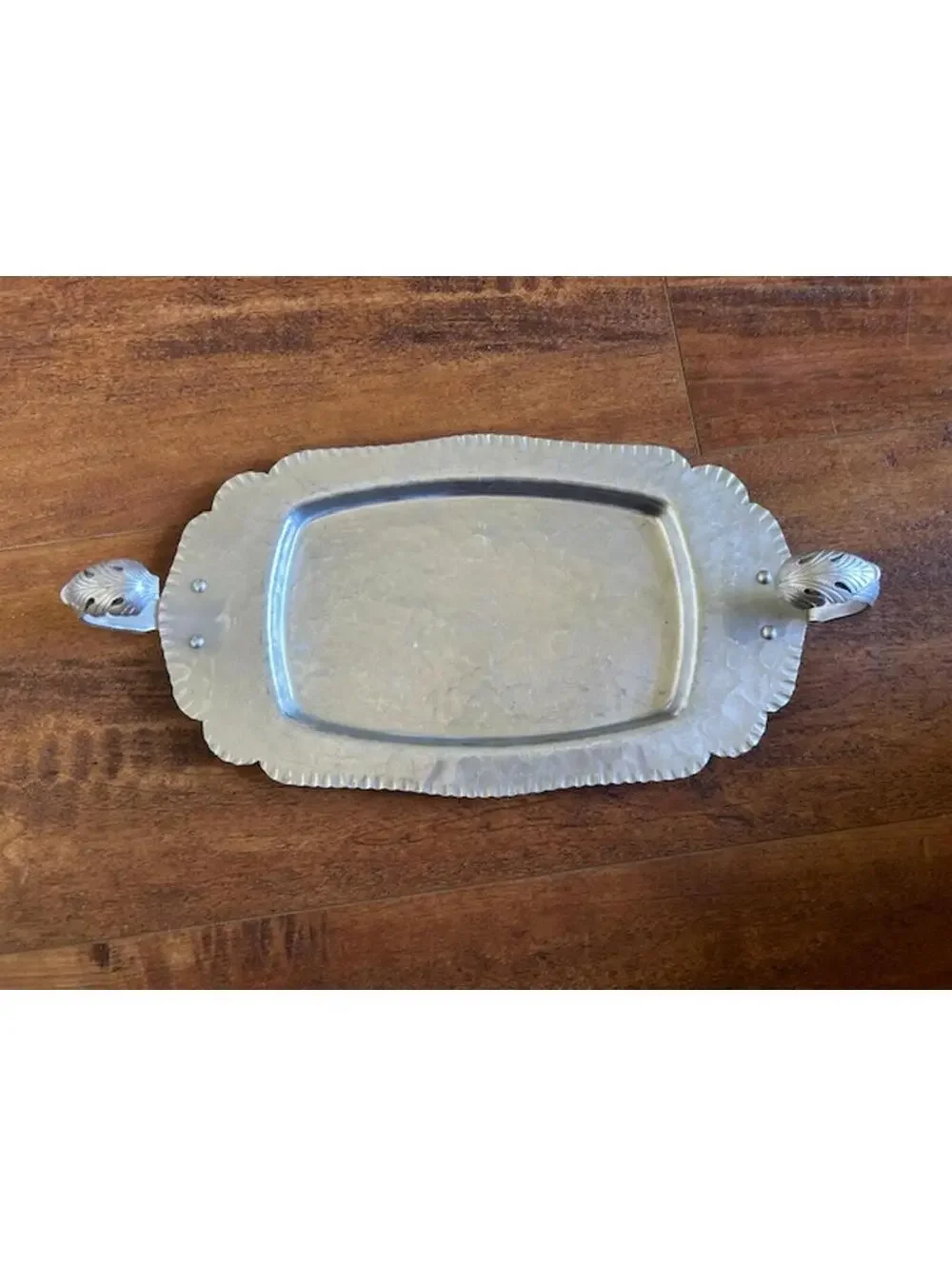 Vintage Hammered Metal Serving Tray with Ornate Handles